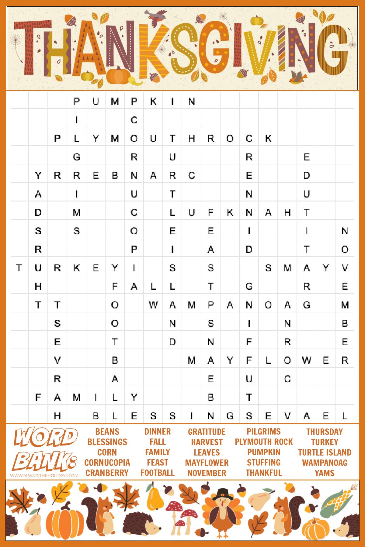 free thanksgiving word search printable - with answers included